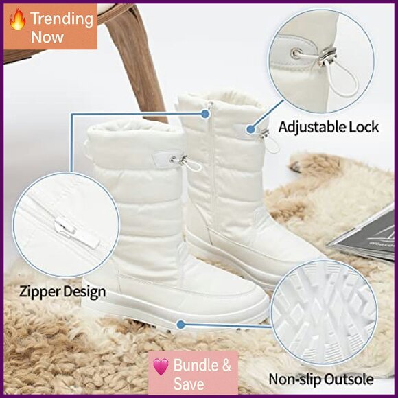 Warm Fur Lined Snow Boots Water Resistant Mid Calf Winter Hiking - Picture 6 of 8